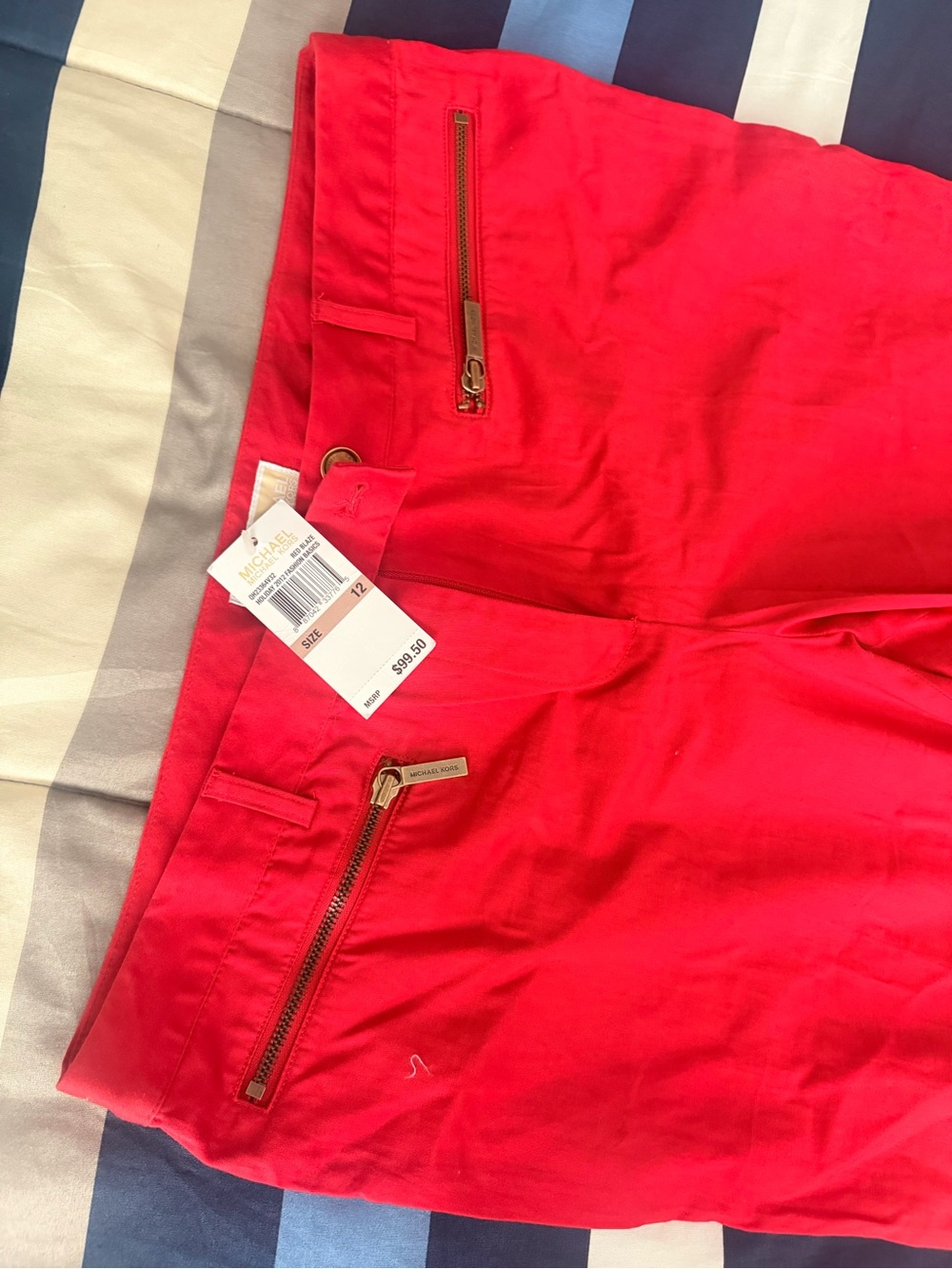Michael Kors Bright Red Flat Front Shorts with Gold Zipper Accents